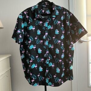Men’s 3X No Boundaries Short Sleeved Shirt, Black with Pink Flamingos